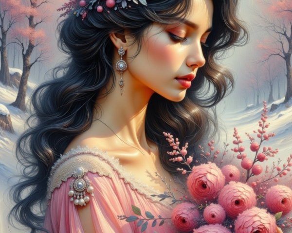 Serene Woman in Pink Gown in Wintry Landscape