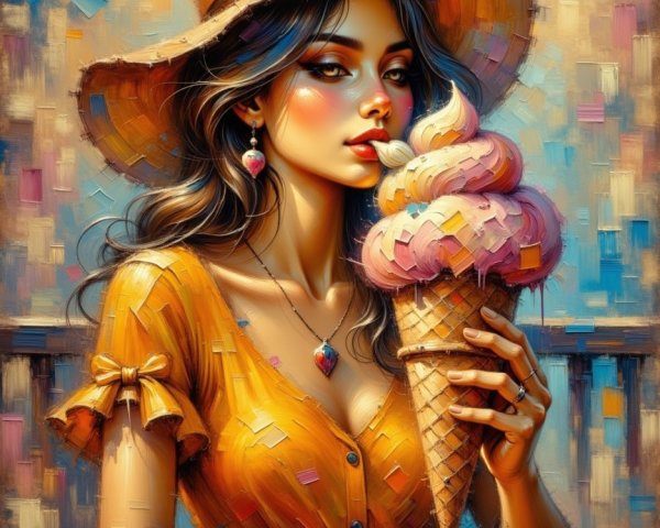 Young woman enjoying ice cream at a café setting