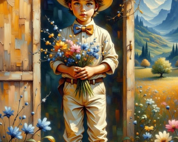 Young Boy with Bouquet at Open Door Surrounded by Flowers