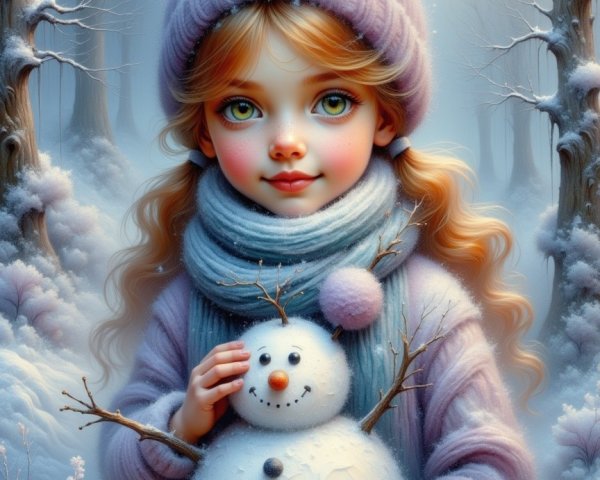Whimsical Digital Painting of a Girl in Winter Scene