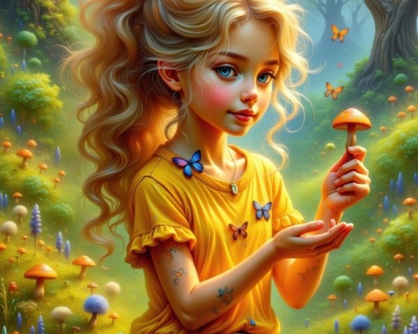 Young girl in forest glade with mushrooms and butterflies
