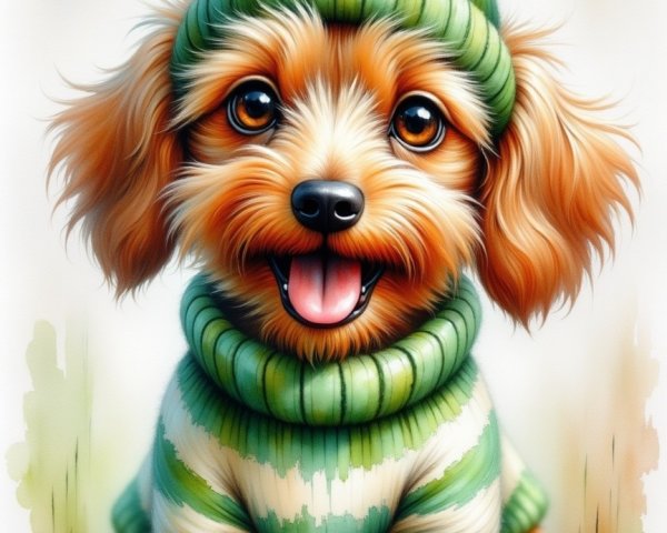 Cartoon Dog in Sweater and Beanie with Playful Expression