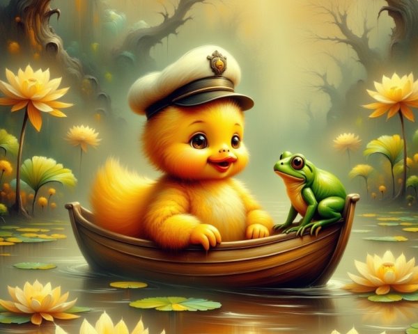 Duckling and Frog in a Whimsical Pond Scene