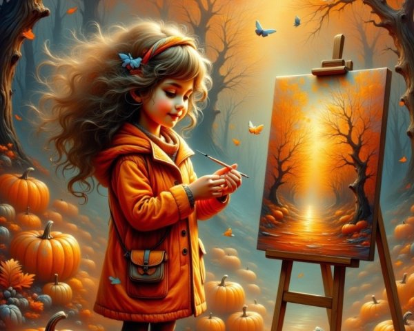 Young Girl Painting Autumn Scene with Vibrant Colors