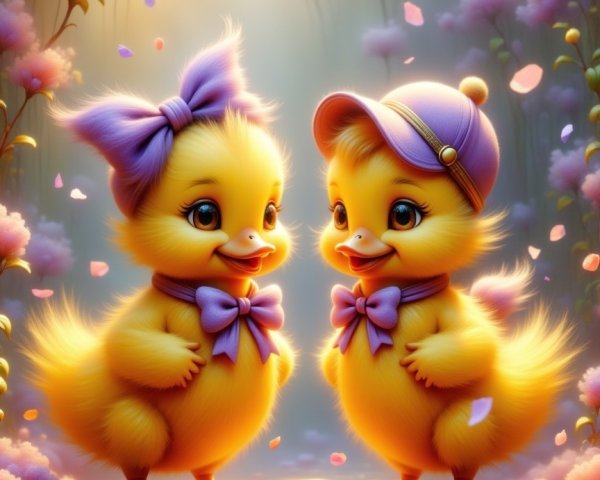 Cartoon Yellow Ducklings in Flower-Filled Scene