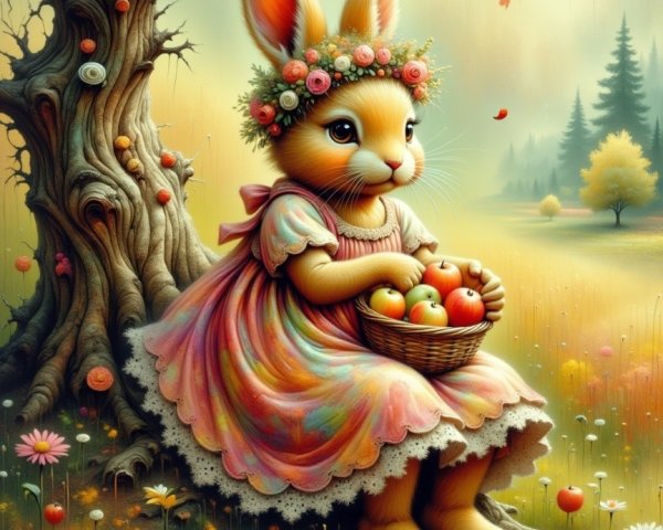 Autumn Scene with Rabbit, Apples, and Daisies