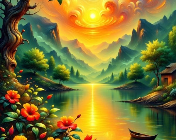 Vibrant Sunset Over Tranquil Lake and Mountains