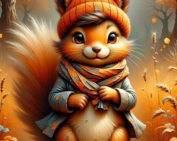 Cartoon Squirrel in Vibrant Autumn Landscape