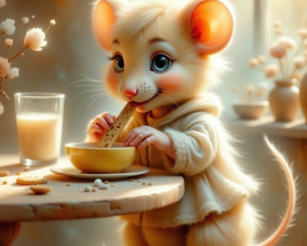 Fluffy Cartoon Mouse Enjoying a Snack in Cozy Room