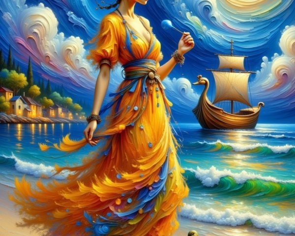 Woman in Colorful Dress Walking on Beach with Duck