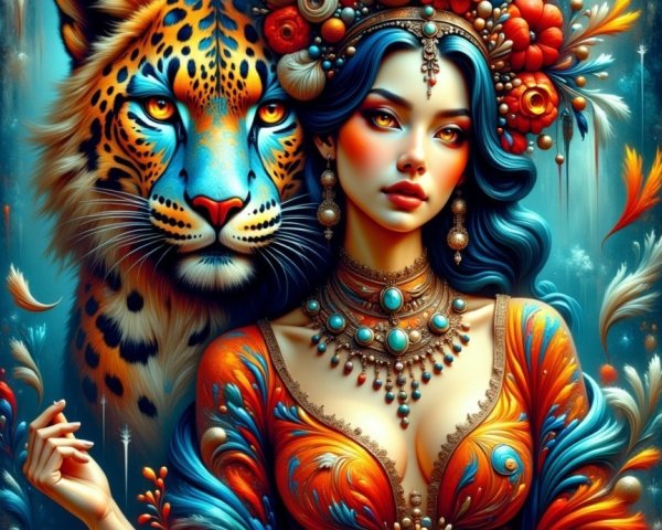 Vibrant Scene of Woman in Floral Dress with Leopard