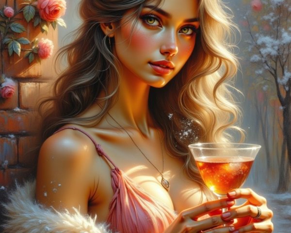 Woman in Pink Dress with Floral Accents and Scenic Background