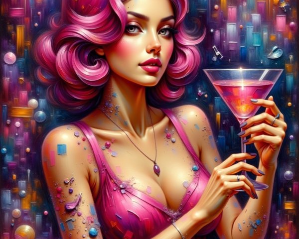 Glamorous Woman with Pink Hair in Vibrant Setting