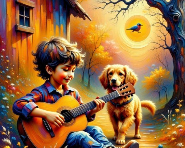Young boy playing guitar outdoors with dog and trees
