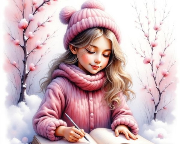 Young girl in pink attire writing in a book among clouds