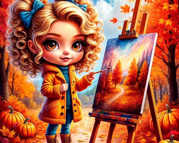 Young Girl Painting Autumn Landscape with Pumpkins