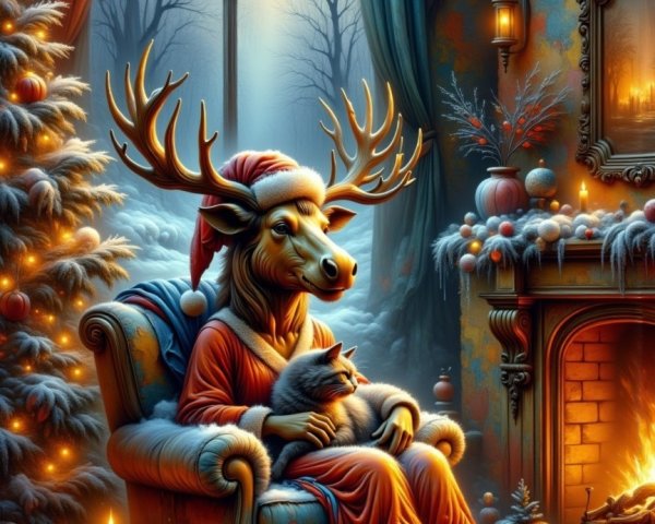 Whimsical Holiday Scene with Moose and Cat in Armchair