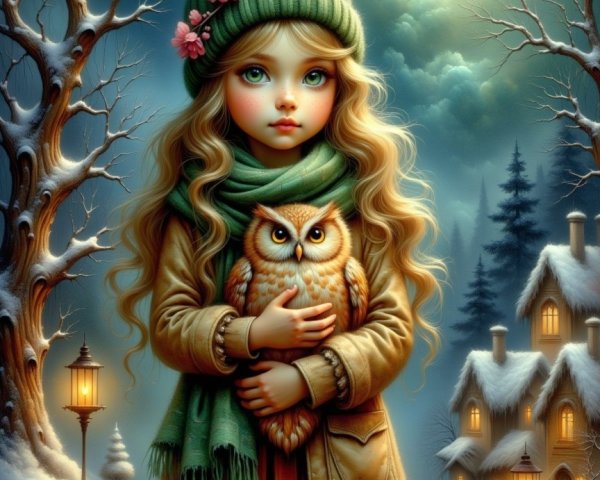 Whimsical Winter Scene with Girl and Owl in Snow
