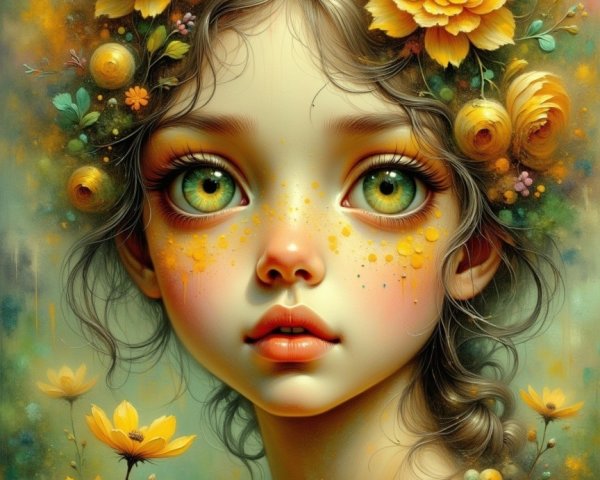 Whimsical Portrait of a Girl with Green Eyes and Flowers