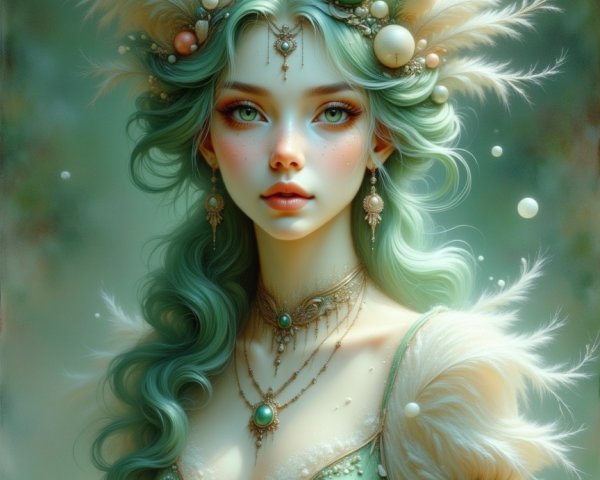 Female figure with green hair and ethereal dress