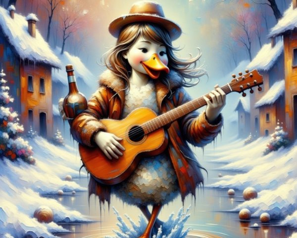 Duck in Stylish Coat Playing Guitar in Snowy Village