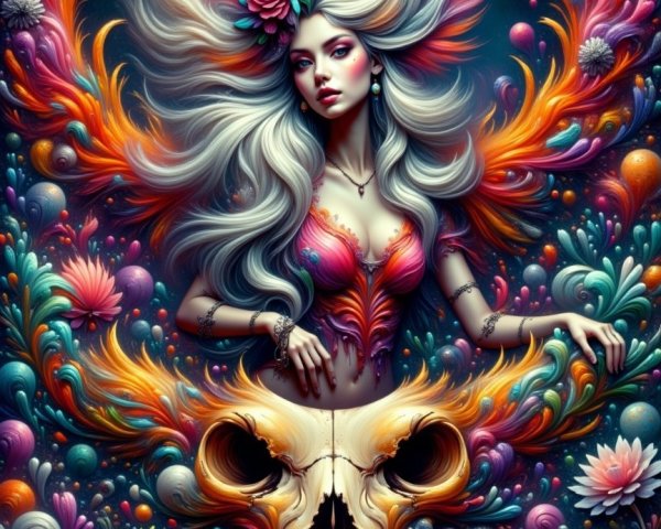 Surreal Artwork of Mystical Woman with Floral Patterns