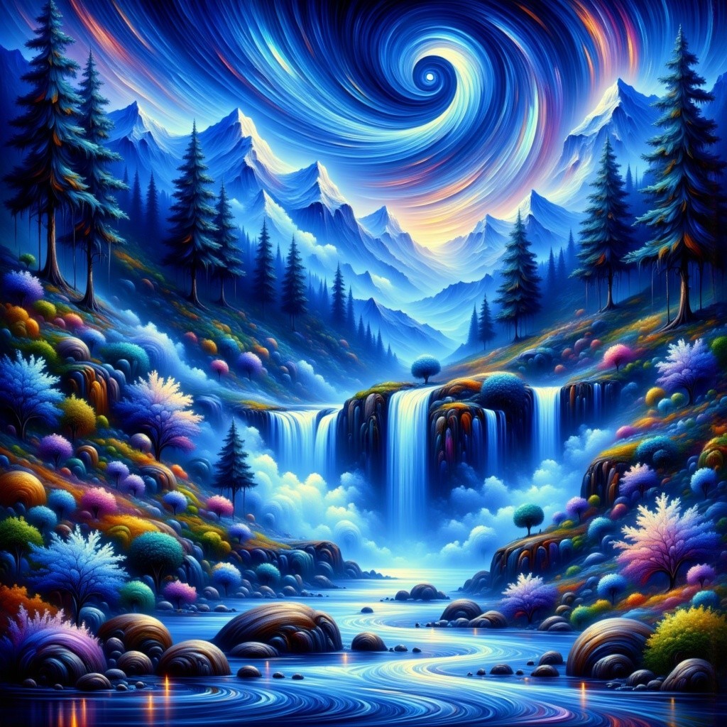 Vibrant Landscape with Waterfalls and Lush Foliage