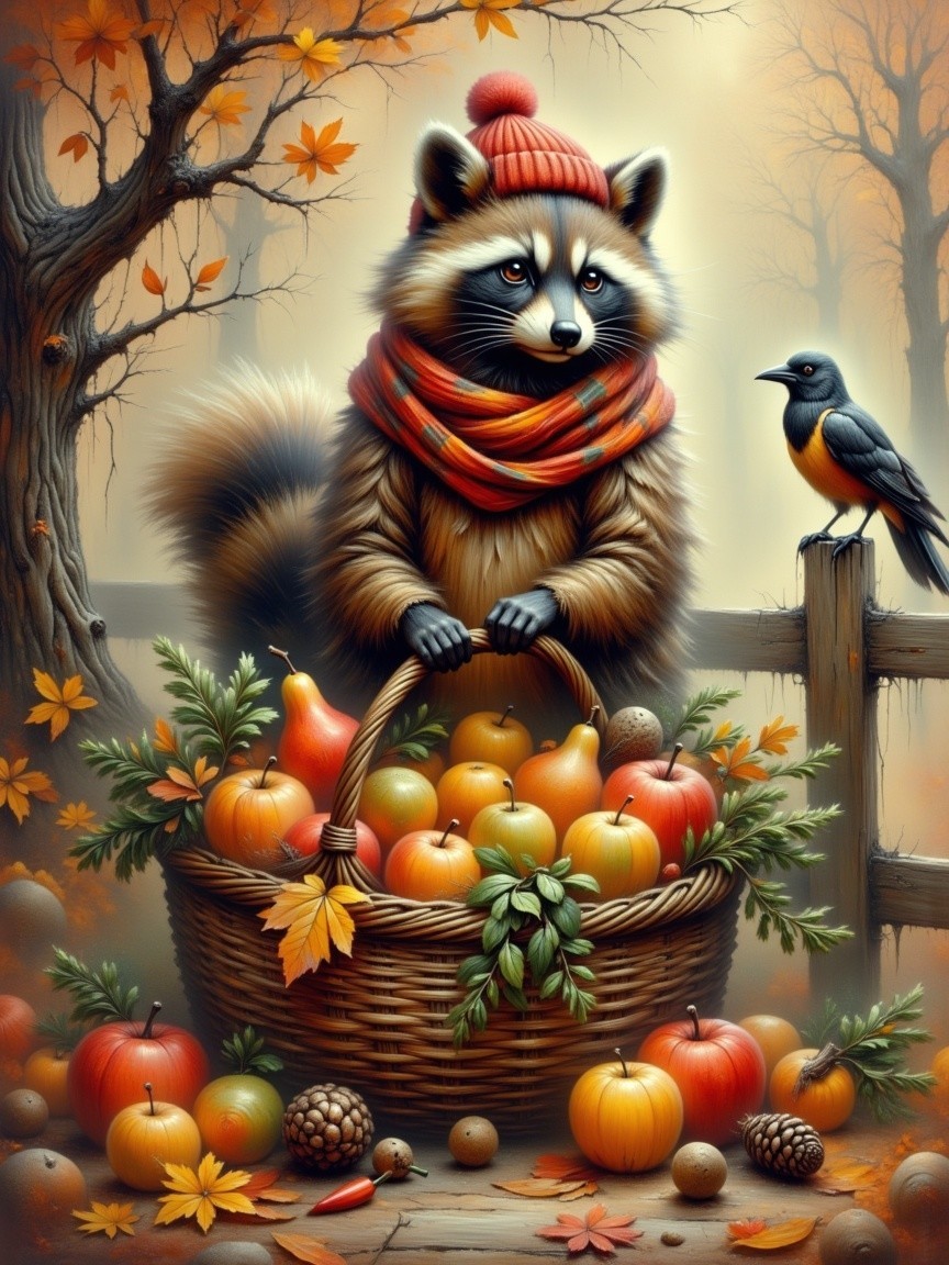 Raccoon in Autumn Attire with Pumpkin Basket
