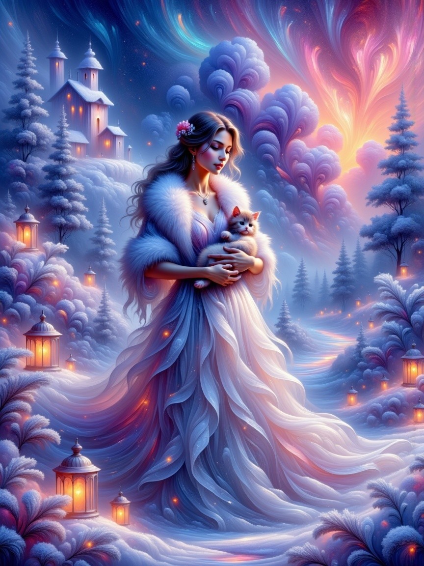 Serene Winter Scene with Woman, Cat, and Lanterns