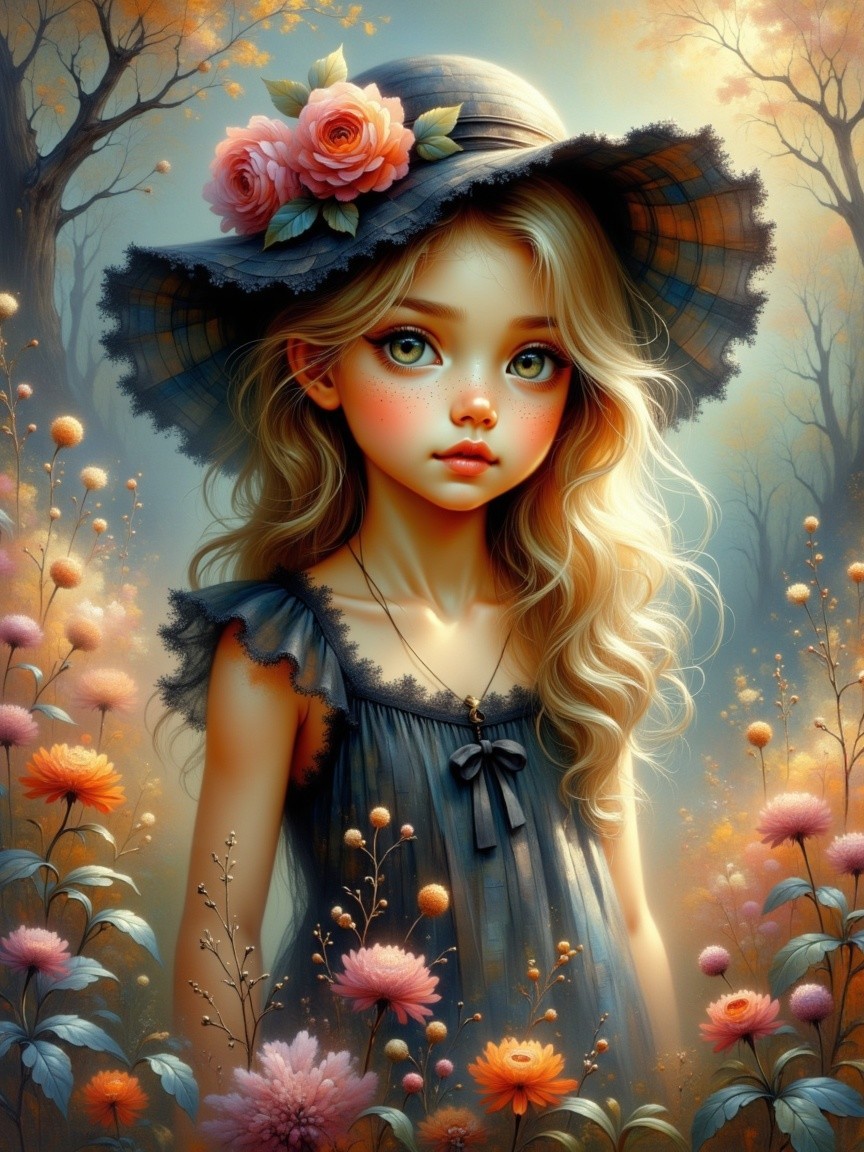 Young girl in a flower field with a wide-brimmed hat
