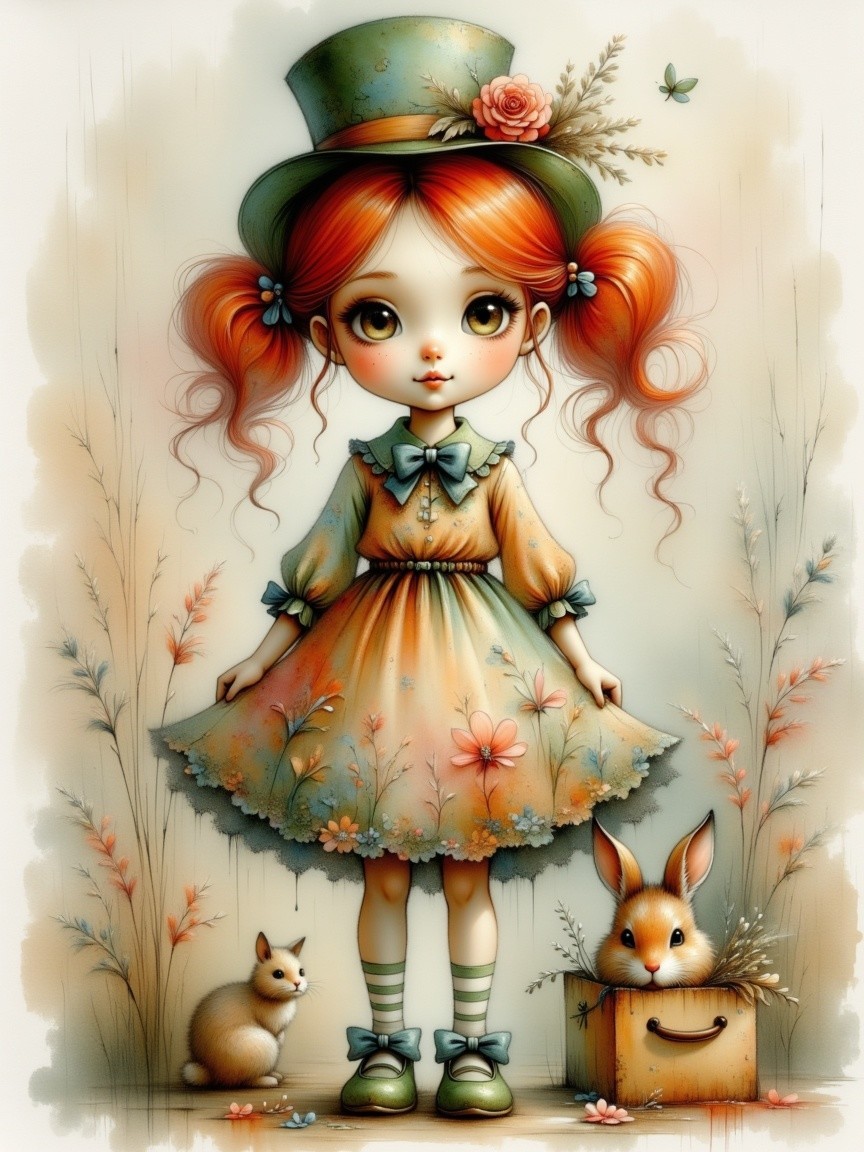 Whimsical Illustration of a Girl with Red Hair and Animals