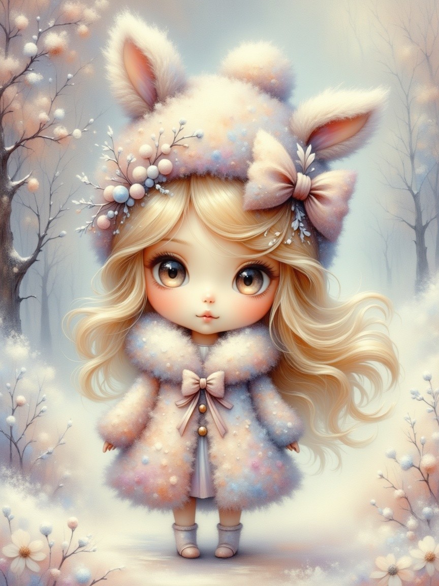 Whimsical Character in a Serene Wintry Landscape