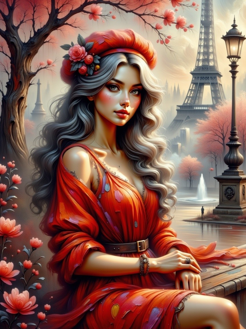 Elegant woman in red dress by riverside with Eiffel Tower