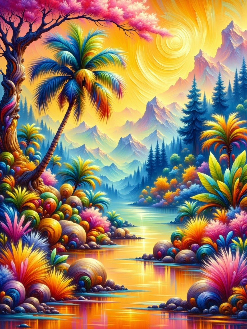 Vibrant Landscape with Colorful Trees and Sunset Reflections