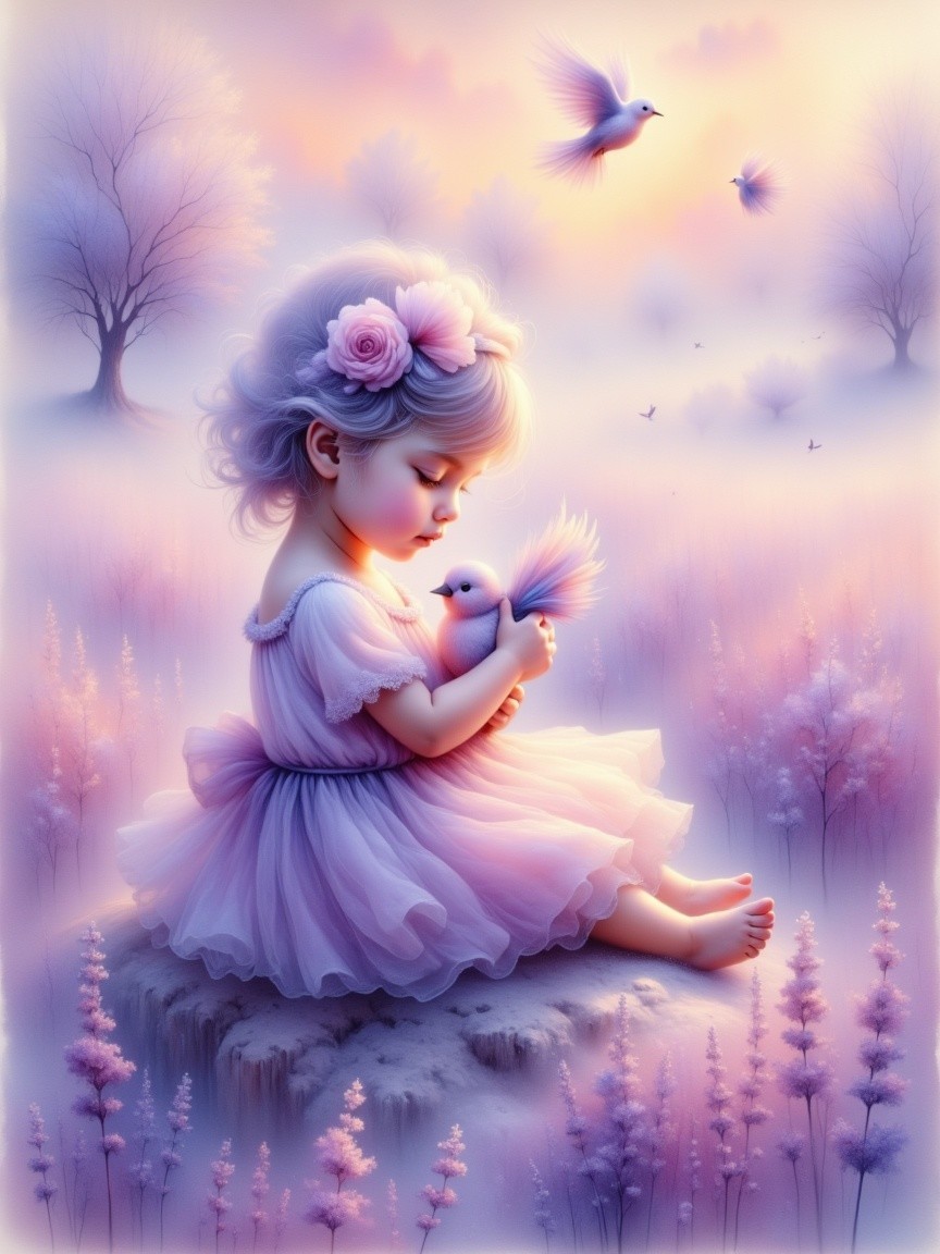 Young girl with bird in pastel landscape setting