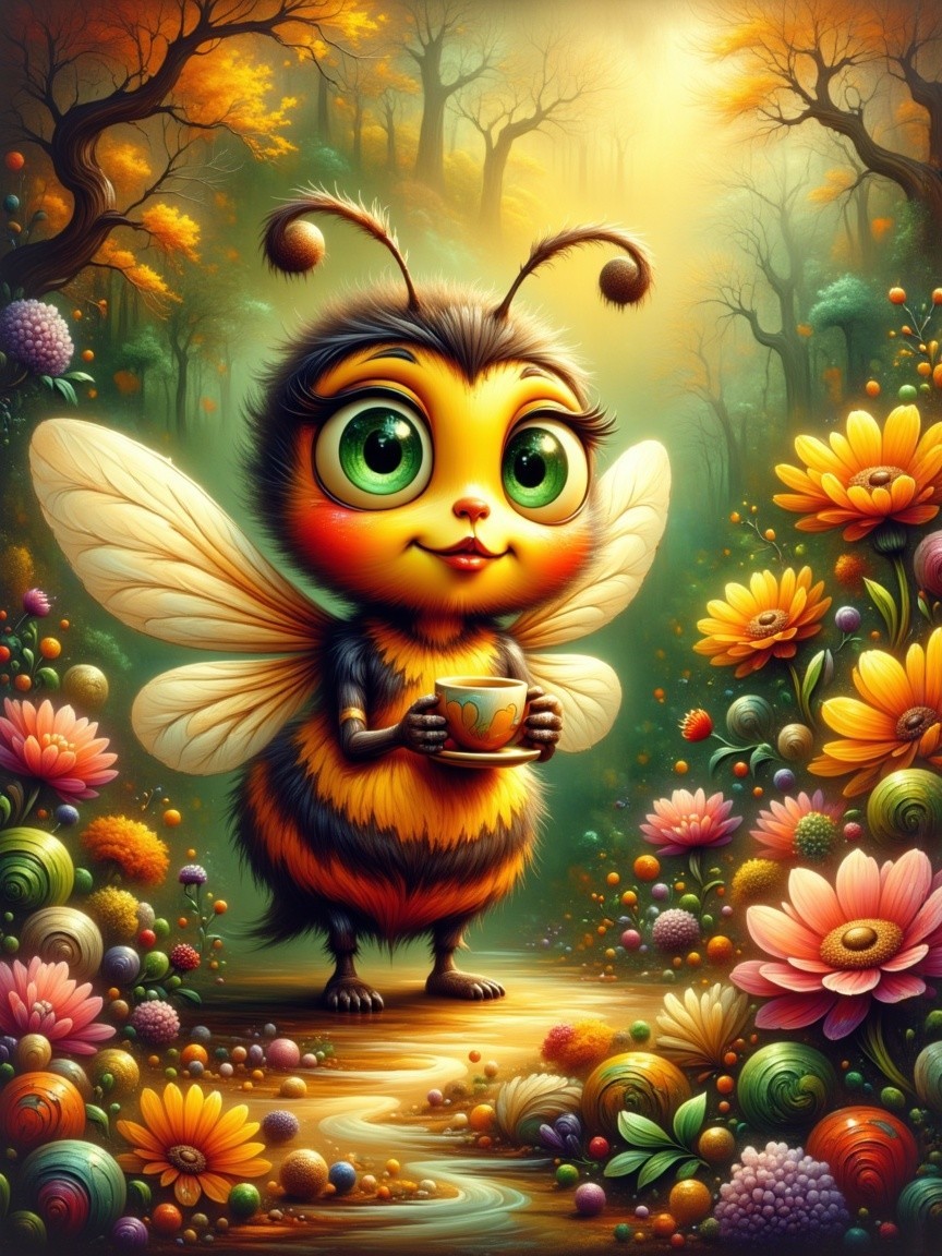 Whimsical Cartoon Bee in a Colorful Forest Scene