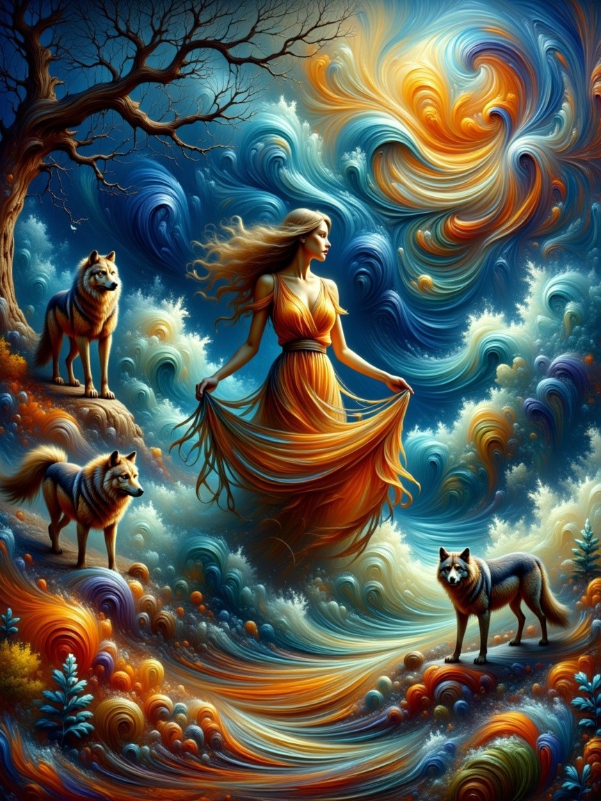 Mystical Woman in Orange Dress with Wolves and Waves