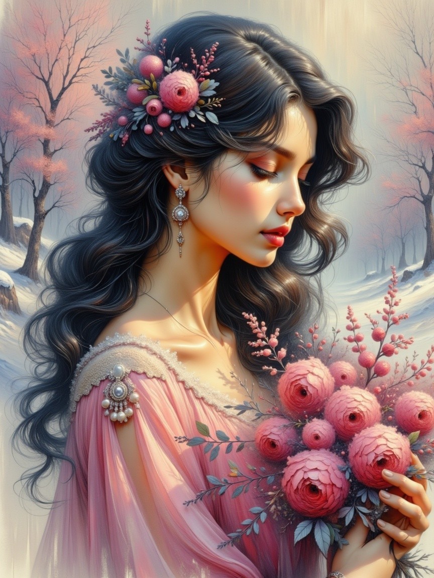 Serene Woman in Pink Gown in Wintry Landscape