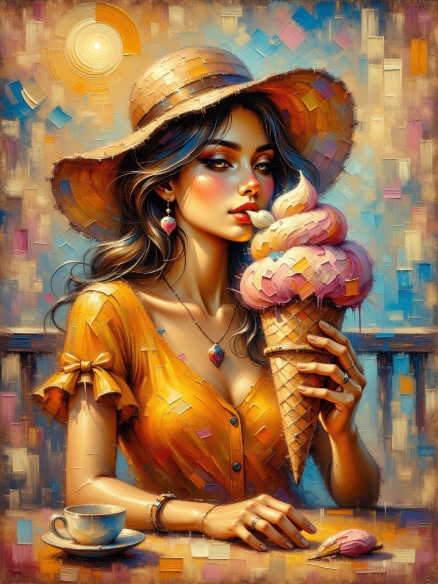 Young woman enjoying ice cream at a café setting
