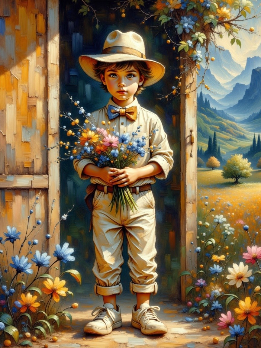 Young Boy with Bouquet at Open Door Surrounded by Flowers