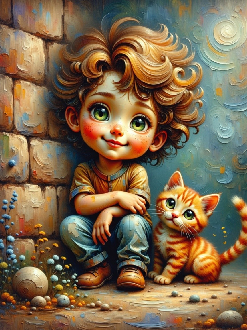 Cheerful boy with cat in colorful whimsical illustration