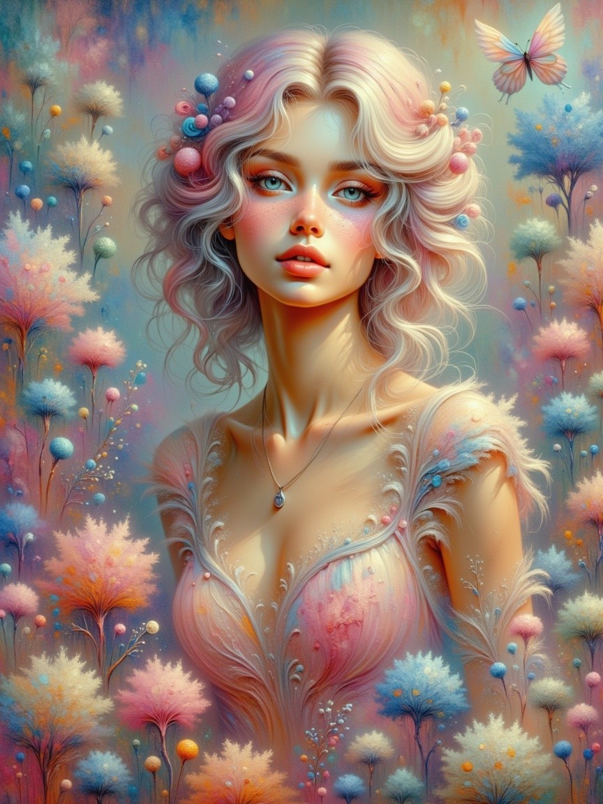 Dreamy Portrait of a Young Woman with Whimsical Elements