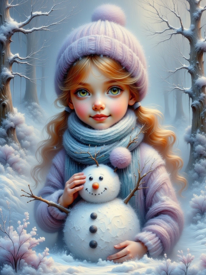 Whimsical Digital Painting of a Girl in Winter Scene