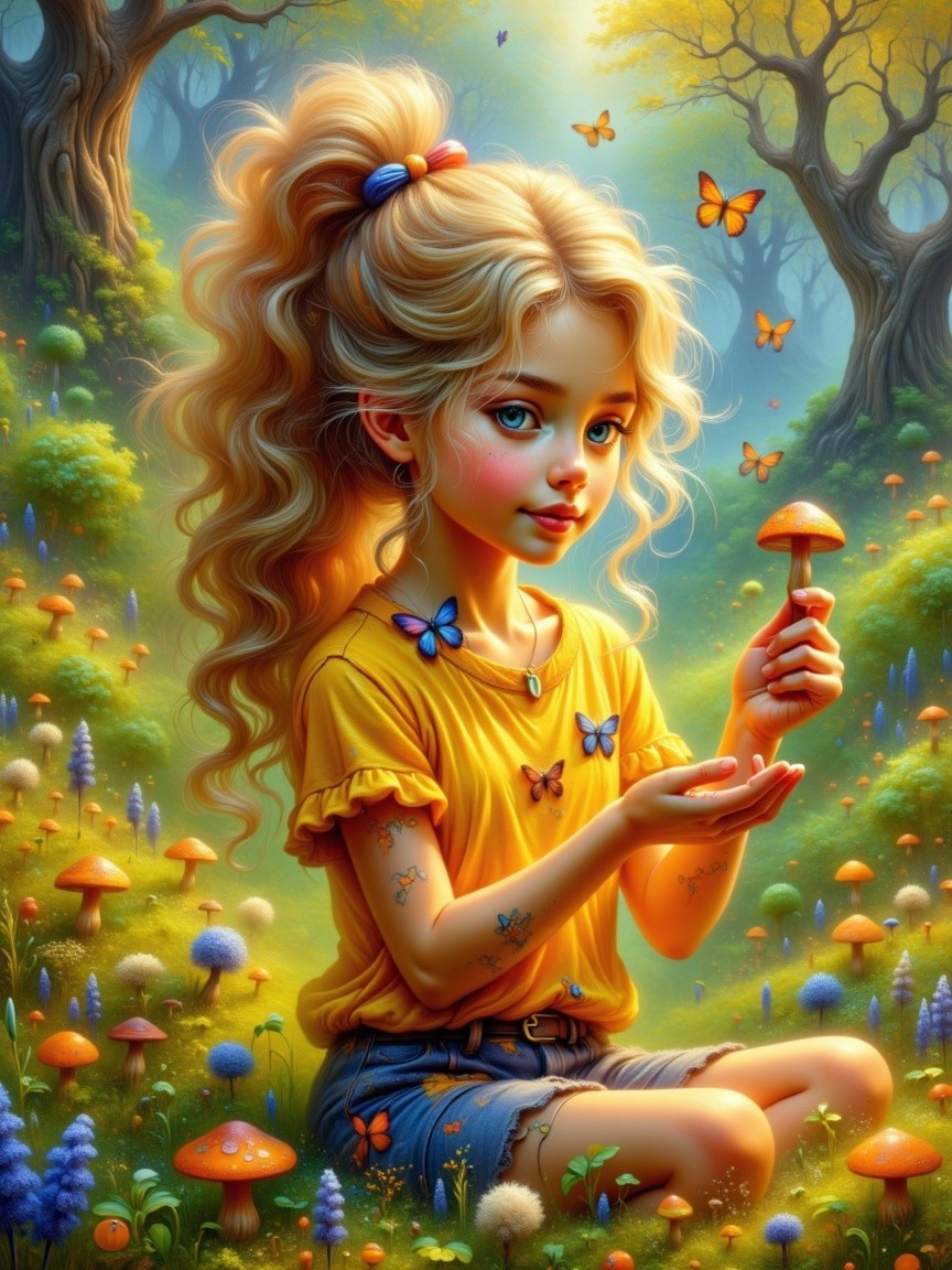 Young girl in forest glade with mushrooms and butterflies