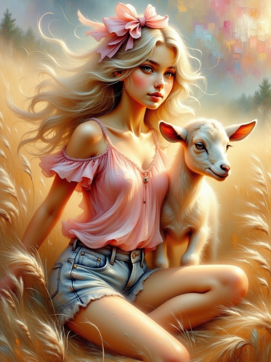 Young Woman and Goat in a Sunset Field Setting