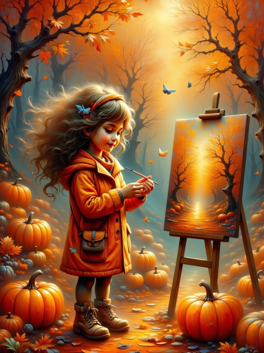 Young Girl Painting Autumn Scene with Vibrant Colors