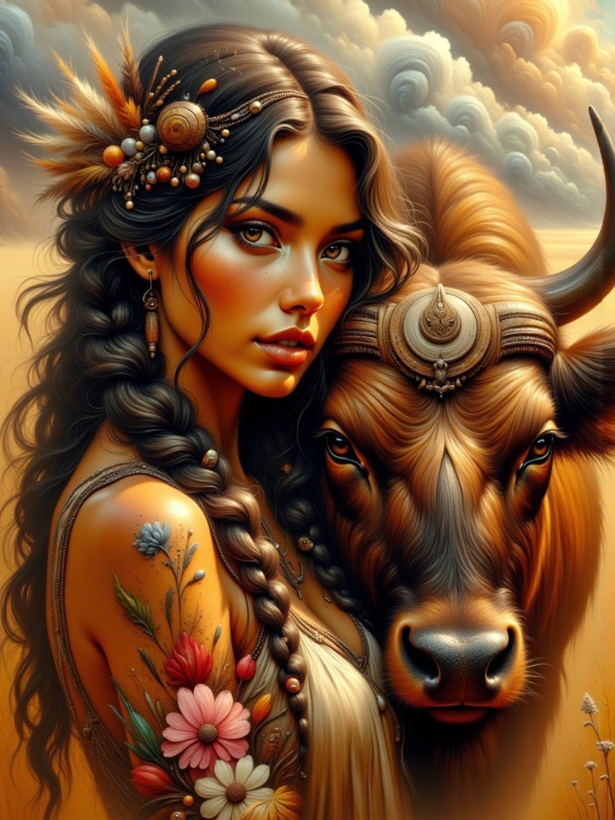Woman with Braided Hair and Bull in Golden Landscape