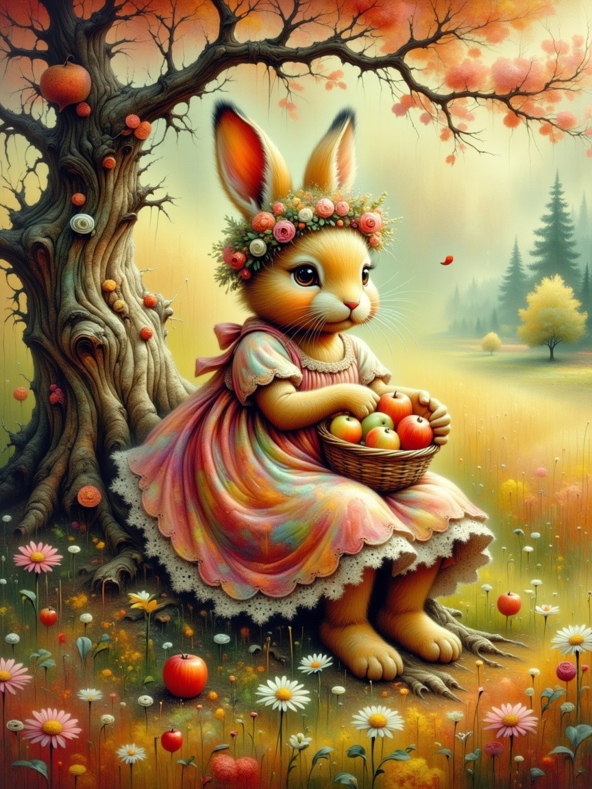 Autumn Scene with Rabbit, Apples, and Daisies