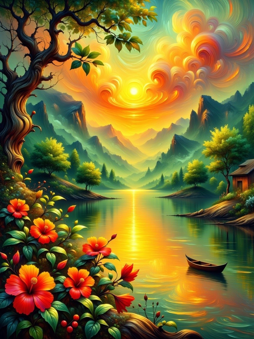 Vibrant Sunset Over Tranquil Lake and Mountains