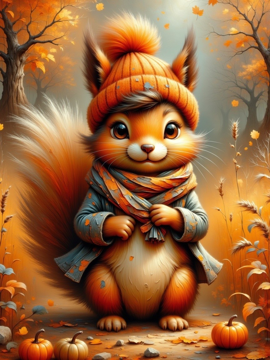 Cartoon Squirrel in Vibrant Autumn Landscape